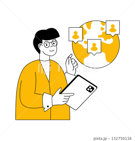 Digital business concept with cartoon people in flat design for web. Man developing e-business shop and using global delivery service. Vector illustration for social media banner, marketing material. 132750116