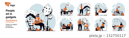 People sit in gadgets concept with character scenes mega set in flat web design. Bundle of situation with users spending time in smartphones, distracting in app, using phones. Vector illustrations. 132750117