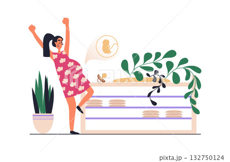 Pregnancy web concept with people scene in flat design. Happy pregnant woman with big belly waiting for baby and preparing for childbearing. Vector illustration with character situation for web 132750124