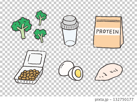 タンパク質を含む食品とプロテインの手描きイラスト 132750177