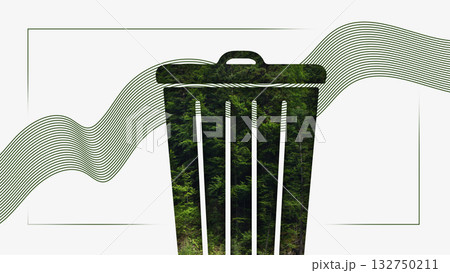 Minimalist collage. Trash bin silhouette filled with forest texture symbolizing environmental care Minimalist collage. Trash bin silhouette filled with forest texture symbolizing environmental care 132750211
