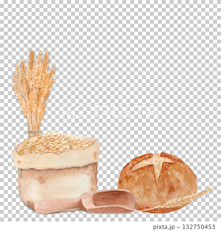 Rustic bread, wheat, grain sack, and wooden scoop. Hand-painted watercolor illustration of food clipart in warm earthy tones, perfect for bakery logos, packaging, kitchen decor, or farm designs 132750453