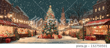 christmas tree on market in snowy winter illustration 132750501