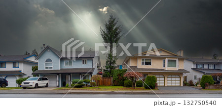 Row of residential houses on stormy sky background Row of residential houses on stormy sky background 132750540