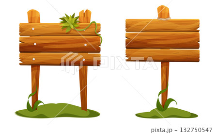Wooden signposts, empty board textured wood plank.Wood plank set frame game signpost, farm garden or jungle pointing panel. Set menu ui design. Outdoor empty textured arrow 132750547