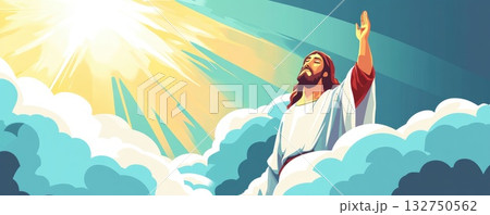illustrated representation of praying jesus in the clouds illustration illustrated representation of praying jesus in the clouds illustration 132750562