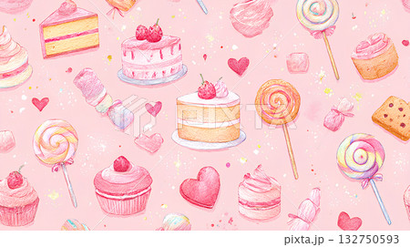 ピンクの背景にスイーツが並ぶかわいいパターン（ケーキ・キャンディ） 132750593
