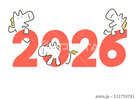 2026のロゴと3匹の白馬の年賀状　正月素材　年賀シンボル 132750791