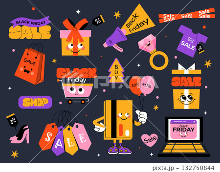 Black Friday Charaters design - Retro stickers Collection Black Friday Charaters design - Retro stickers Collection 132750844