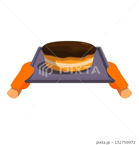 Baker holding chocolate cake on tray wearing orange oven mitts Baker holding chocolate cake on tray wearing orange oven mitts 132750972