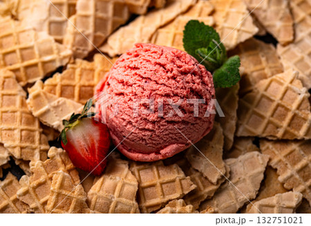 Strawberry ice cream scoop with waffles Strawberry ice cream scoop with waffles 132751021
