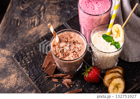Milkshake from strawberry, banana and chocolate 132751027