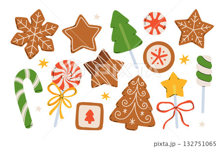 Colorful Christmas sweets set - hard candy, gingerbread cookies, candy canes, lollipop. Flat cartoon vector illustration. 132751065