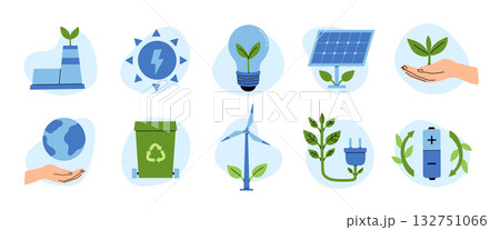 Green energy concept with icon collection. Bundle of scenes with alternative renewable energy sources, solar panels, conserve water and electricity, recycling. Vector illustrations in flat web design 132751066