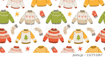 Vector seamless pattern of cute winter clothes sweaters, socks, hats, mittens, scarf. Collection of ugly sweaters with norwegian ornaments. 132751067