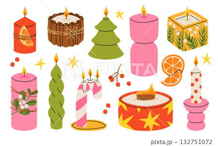 Christmas candles. Cartoon xmas decor burning candles, winter holidays wax candles with Christmas decorations, Noel home interior decor flat vector illustration set. Xmas candles collection 132751072