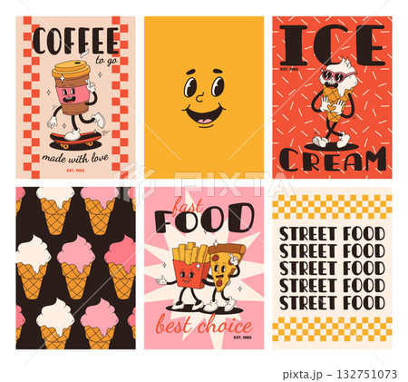 Set of fast food posters. Retro groovy cards with street food characters. Brochure with funky groovy burger, french fries, soda, ice cream, donut, pie, coffee to go, sandwich. Fast food delivery 132751073