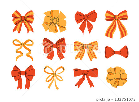 Red christmas bows. Hand drawn silk bow for holidays present boxes, Birthday gifts red ribbon decoration flat vector illustration set. Cartoon bows collection 132751075