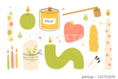 Various Candles. Different shapes and sizes. Pillar, jar candle, square, container candle, heart shaped. Decorative wax candles for relax and spa. Matches, candle snuffer. Hand drawn Vector set 132751076