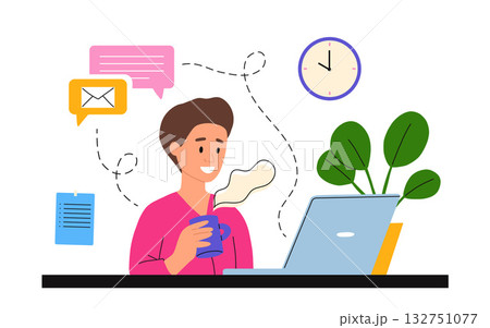 Working at home vector flat style illustration. Online career. Home office illustration. Young man freelancer working on laptop or computer at home. Business man at home in quarantine Working at home vector flat style illustration. Online career. Home office illustration. Young man freelancer working on laptop or computer at home. Business man at home in quarantine 132751077
