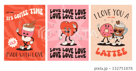 Valentine's Day set of vintage posters. Happy and cheerful retro mascots. Old animation 50s 60s 70s, groovy cartoon characters of coffee sweets and hearts, donut, cupcake, espresso, latte, present Valentine's Day set of vintage posters. Happy and cheerful retro mascots. Old animation 50s 60s 70s, groovy cartoon characters of coffee sweets and hearts, donut, cupcake, espresso, latte, present 132751078