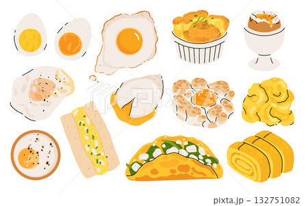 Cartoon eggs dishes, cooked eggs. Fried, boiled, fluffy egg, scrambled omelette and egg sandwich, healthy delicious breakfast flat vector illustration set. Tasty cooked egg dishes Cartoon eggs dishes, cooked eggs. Fried, boiled, fluffy egg, scrambled omelette and egg sandwich, healthy delicious breakfast flat vector illustration set. Tasty cooked egg dishes 132751082