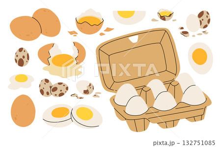Chicken and quail eggs with broken and whole eggshell, yellow yolk. Raw, cooked, boiled, fried protein food in shell. Farm nutrition packed in box, container. Isolated flat vector illustrations Chicken and quail eggs with broken and whole eggshell, yellow yolk. Raw, cooked, boiled, fried protein food in shell. Farm nutrition packed in box, container. Isolated flat vector illustrations 132751085