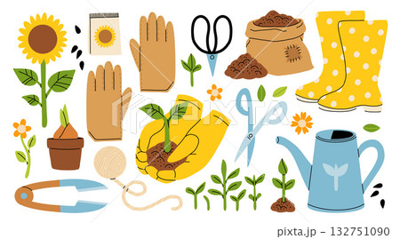 Set of gardening items in hand drawn cartoon style. Various agricultural and garden tools for spring work. Growing plants, flowers and herbs, seedling. Vector clip art illustration. 132751090