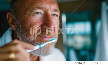Senior man brushing his teeth in morning light, representing hygiene, self-care, and healthy aging 132751108