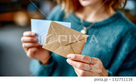 Person opening a brown envelope outdoors, symbolizing communication, correspondence, and anticipation Person opening a brown envelope outdoors, symbolizing communication, correspondence, and anticipation 132751116
