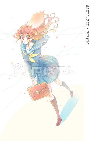 歩いて見上げる女子学生　セーラー服　桜吹雪　背景 132751279