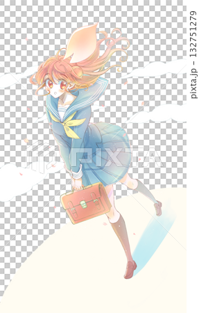 女學生身穿水手服，邊走邊抬頭仰望，背景是櫻花暴風雪。 132751279