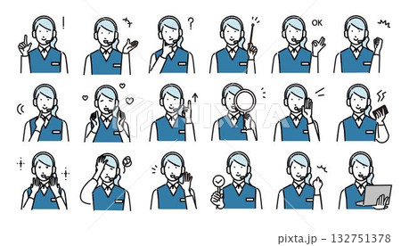 コールセンターの女性ービジネスパーソンの色々なジェスチャー表現アイコンセットーベクターイラスト素材 132751378