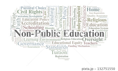 Non-Public Education Word Cloud. Key Concepts On Private Schooling, Faith-Based Institutions, Funding, Regulation, Parental Choice, And Educational Equity. 132751550