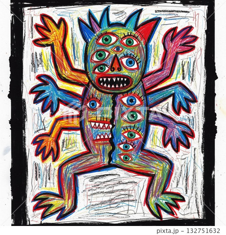 鮮やかな色彩で描かれた独創的な人物と動物たちのアール・ブリュット絵画　ボーダレスアート　障がい者 132751632