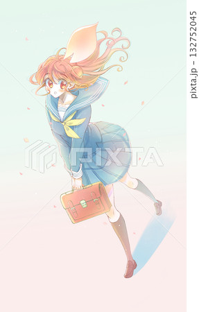 歩いて見上げる女子学生　セーラー服　桜吹雪 132752045