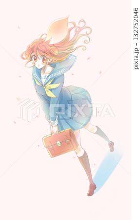 歩いて見上げる女子学生　セーラー服　桜吹雪 132752046