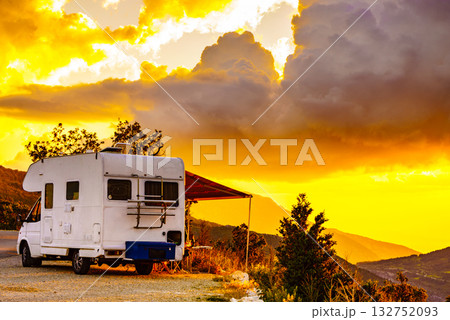 Rv camper in mountains at sunset, France. 132752093