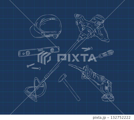 Construction tools composition on blue 132752222