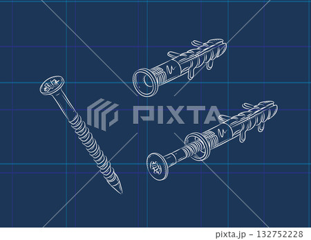 Dowel and screw illustration on blue 132752228