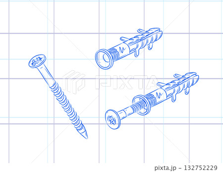 Dowel and screw illustration light Dowel and screw illustration light 132752229