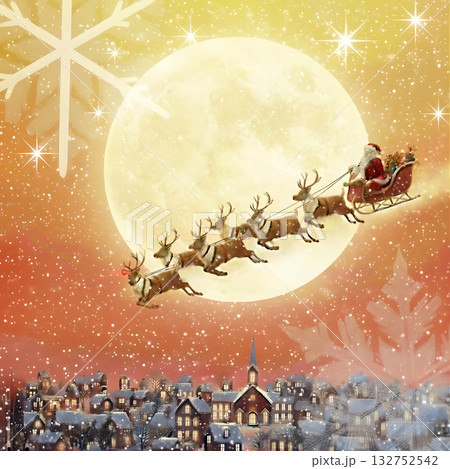 クリスマス満月の夜空を飛ぶサンタクロースとトナカイ 132752542