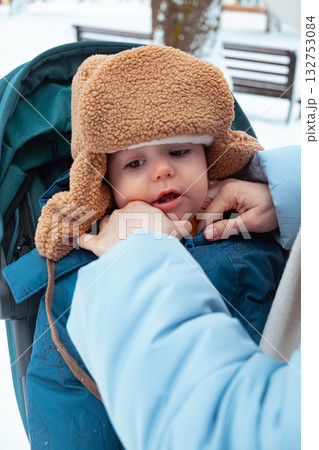 Baby in Stroller with Warm Hat on Winter Day 132753084