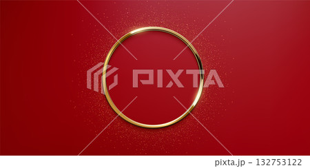 Golden frame with glowing glitter light effect on red background. Elegant award emblem with shiny gold outline. Luxury vector design element for certificate, label, logo or achievement symbol 132753122