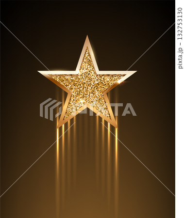 Golden glitter star in spotlights rays. Gold sparkling star with lights rays isolated on dark background. Abstract vector illustration for product presentation or winner ceremony 132753130