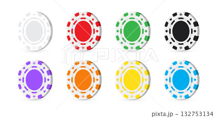 Poker chips. Casino game coins of black, green, yellow, blue, red, grey, violet, orange colors isolated on transparent background. UI elements. Realistic vector illustrations set 132753134