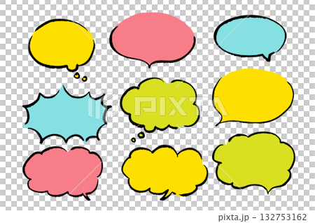 一組色彩繽紛的手繪對話框插圖。包含九種不同類型的對話框，包括圓形和雲朵形。 132753162