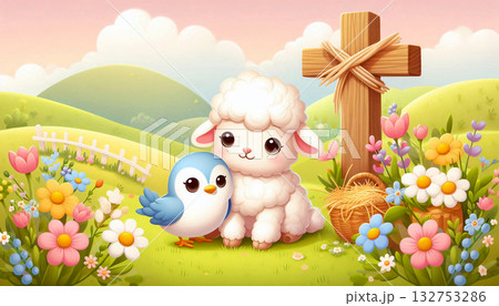Cute lambs and birds stand beside a cross amidst a field of pastel flowers. Cute lambs and birds stand beside a cross amidst a field of pastel flowers. 132753286