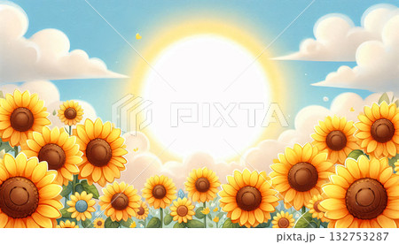 Field of sunflowers facing sunlight, watercolor tone with message space. 132753287