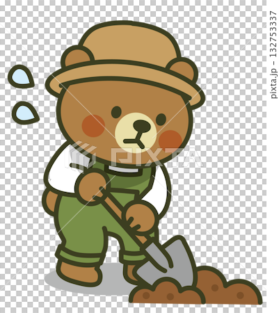 一隻熊用鏟子挖洞的插圖（工作、園藝、可愛動物） 132753337